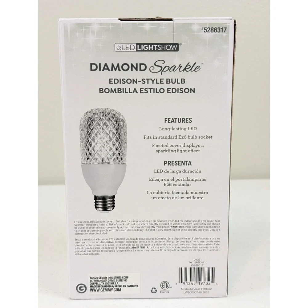 Gemmy LED Lightshow Diamond Sparkle Edison-Style Light Bulb - White - Brand NEW